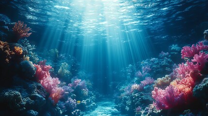 Naklejka premium Underwater Scene of Colorful Coral Reef with Sunbeams