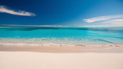 Panoramic view of turquoise waters on a white sandy beach.