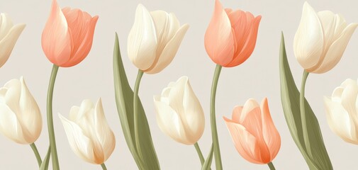 Obraz premium Single-color tulip sketches in shades of blush pink and cream, arranged in a repeating vertical pattern on a soft grey backdrop
