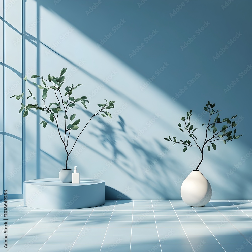 Poster minimalist and modern 3d studio scene with deep indigo backdrop light blue wall panels and a simple 