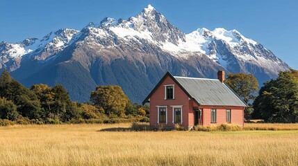 A Small Pink House in Front of a Snow-Capped Mountain Range