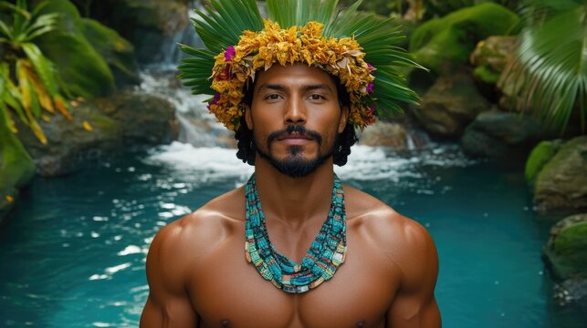 A man embodies Moctezuma amidst lush nature, celebrating Aztec culture and history