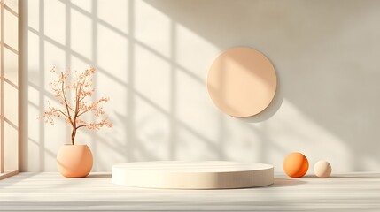 Fototapeta premium Empty 3D studio room with neutral beige background wood floor and light gray wall Product podium with shadow overlay from window light Mockup featuring a clean diffused sunlit interior design scene