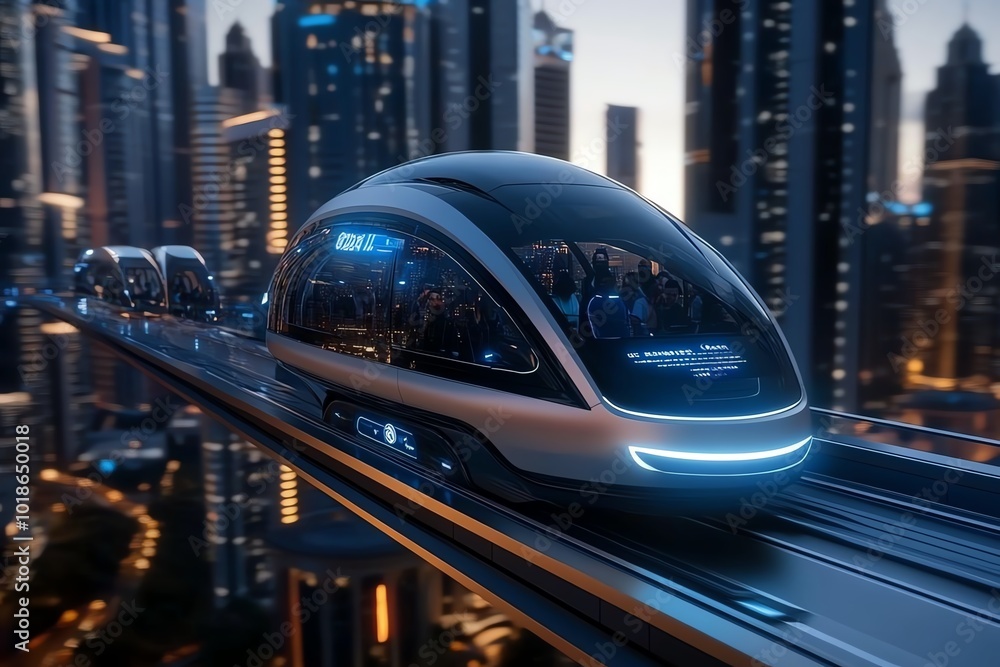 Poster futuristic scene of a sky bridge connecting buildings where autonomous trams transport people throug