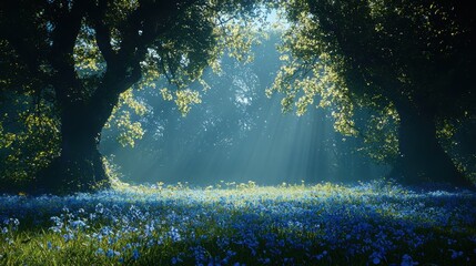 Obraz premium Sunlight filters through ancient trees in a serene forest meadow filled with blue flowers during the early morning hours