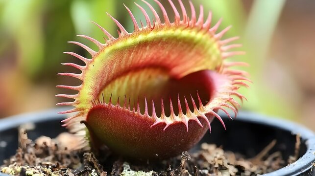 Menacing Jaws of a Venus Flytrap,Detailed Close-Up of Carnivorous Plant's Deadly Trap