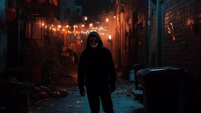 A masked figure stands in a dark alley, surrounded by Halloween decorations. The eerie atmosphere shifts as the figure seems to alter the space around them. Perfect for spooky and Halloween-themed con