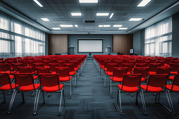 Naklejka premium Empty Conference Hall with Rows of red Chairs, Capturing the Calm Before a Busy Meeting or Presentation