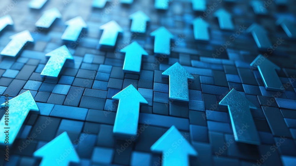 Poster a dynamic composition of blue arrows pointing upwards against a textured background, symbolizing gro