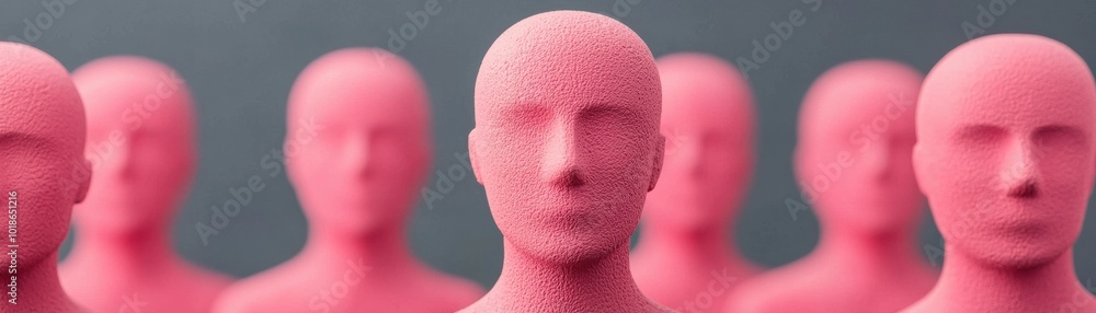 Poster a close-up of stylized pink human figures, creating a surreal effect with a sense of depth and unifo