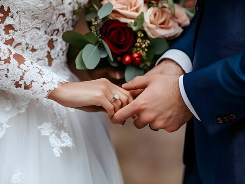 A bride and groom are getting married and the bride is wearing a white dress