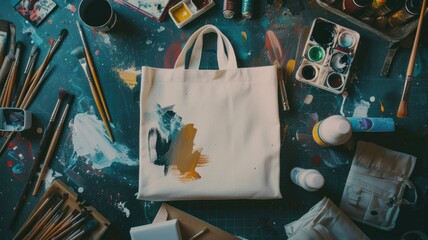 Artistic Workspace with Painted Tote Bag and Painting Supplies,National Craft Month