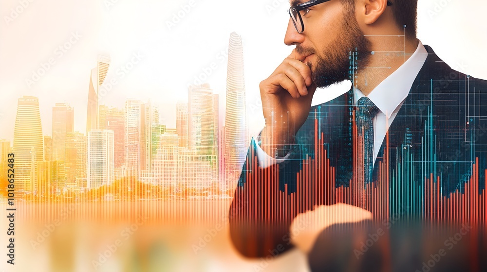 Poster futuristic corporate businessman navigating digital codes and graphs for tech-driven business
