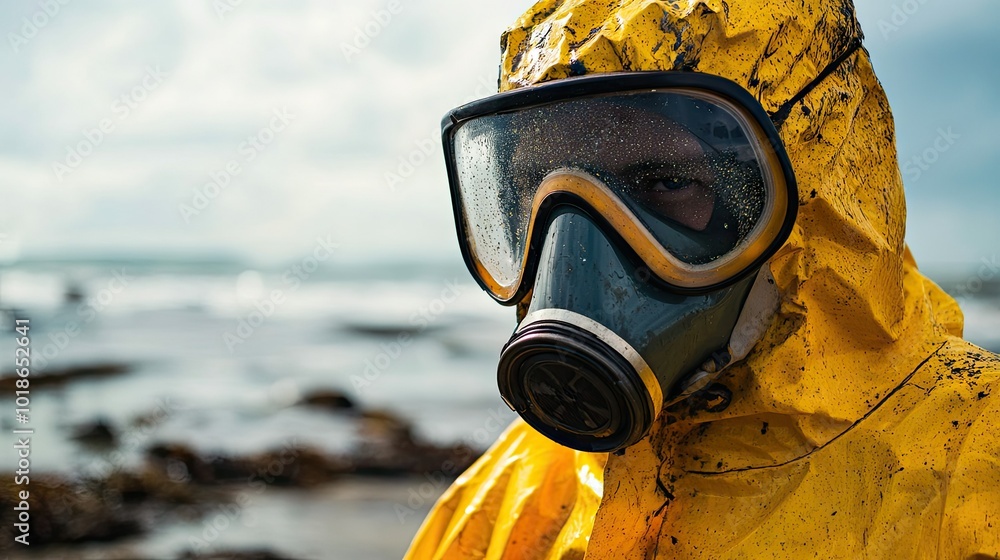 Wall mural a close-up of the worker's face, covered by a protective mask and visor, as they inspect the crude o