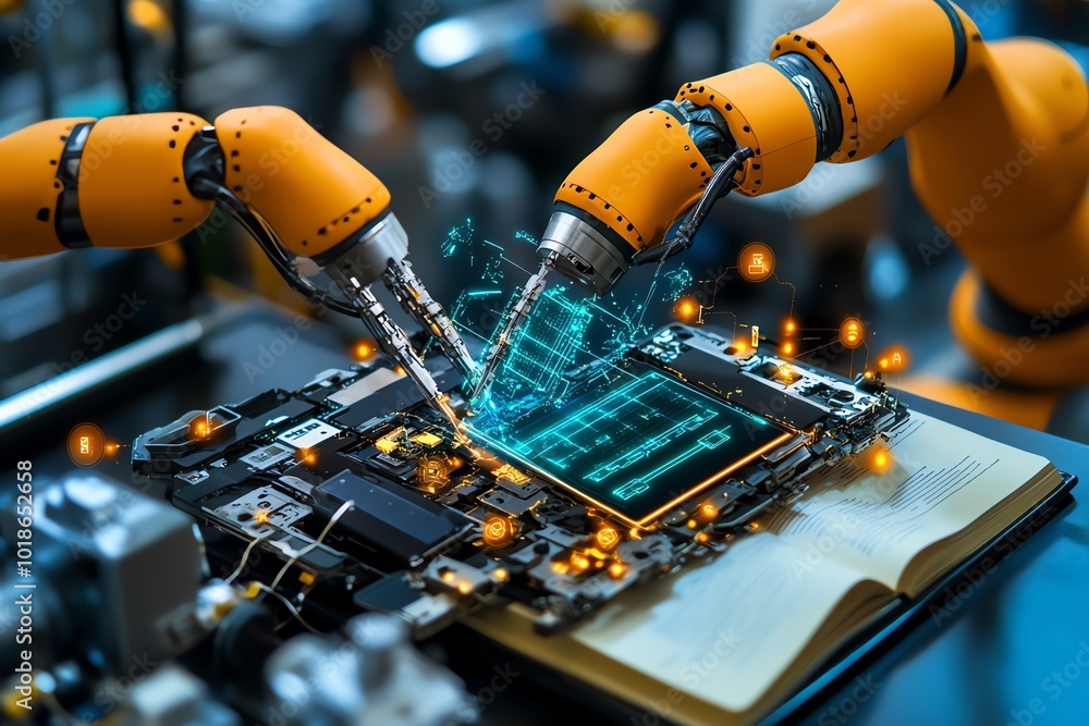 Aufkleber Futuristic scene of an AI-powered reverse engineering process, with robotic arms disassembling a device while a digital interface maps out its components in real-time