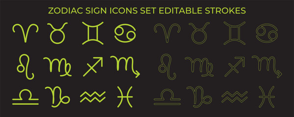 Astrology Zodiac Sign Set with Editable Strokes - Vector Icons, Symbols, Rashifal, and Jyotish