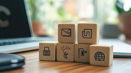 A close-up of wooden blocks with icons for online learning platforms, digital textbooks, and collaborative tools, on a desk beside a laptop.