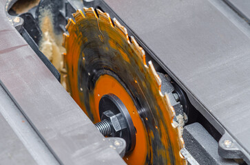 carpenter replaces circular saw in machine tool. Replacing saw in carpentry shop