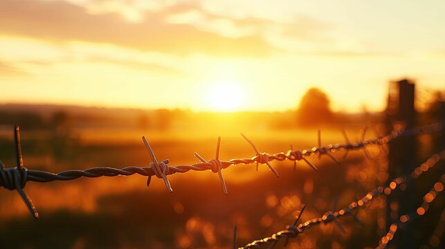 Barbed Wire Fence Silhouetted Against a Golden Sunset