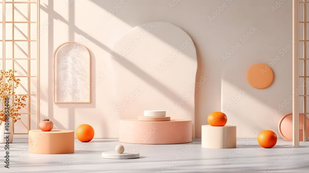 Poster minimalist 3d studio room with pale peach background empty concrete floor light gray wall product po