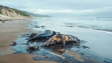 A coastal scene with dead marine animals washed ashore, their bodies covered in oil, highlighting the lethal effects of oil spills on wildlife.