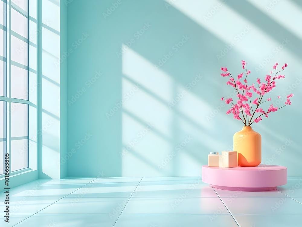 Aufkleber soft lavender 3d studio room with empty tile floor light blue wall and product podium the scene feat