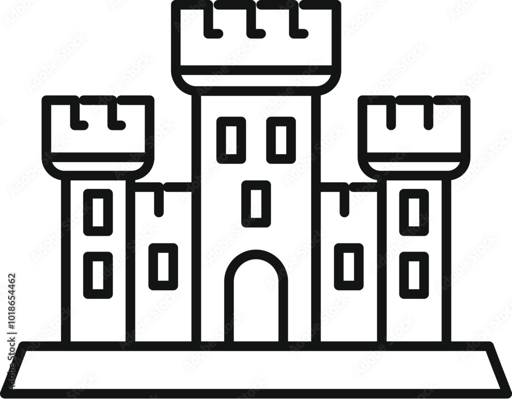 Poster simple line icon of a castle with three towers and battlements, evoking history and architecture
