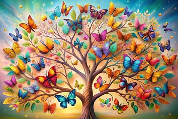 Elegant colorful tree with vibrant leaves hanging branches. Bright color 3d abstraction wallpaper for interior mural painting wall