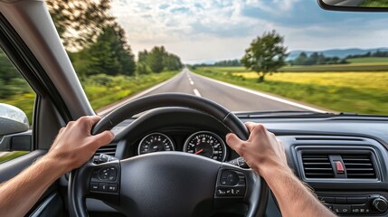 A driver's hands grip the steering wheel while navigating an open road
