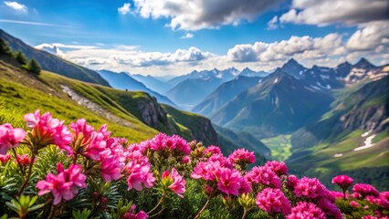 Fototapeta premium Beautiful pink flowers reflecting in high altitude mountain lakes