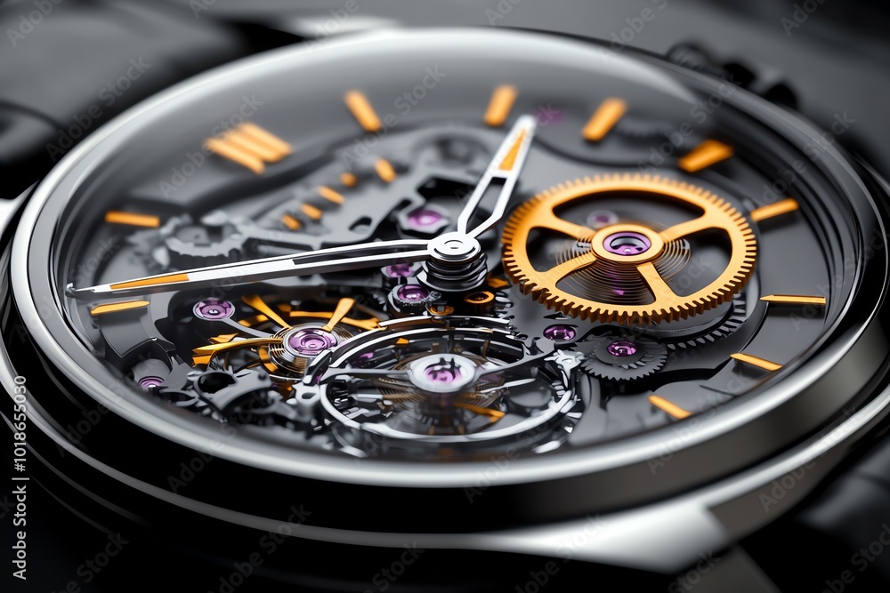 Poster hyper-realistic close-up of a disassembled mechanical watch, with intricate gears and springs laid o