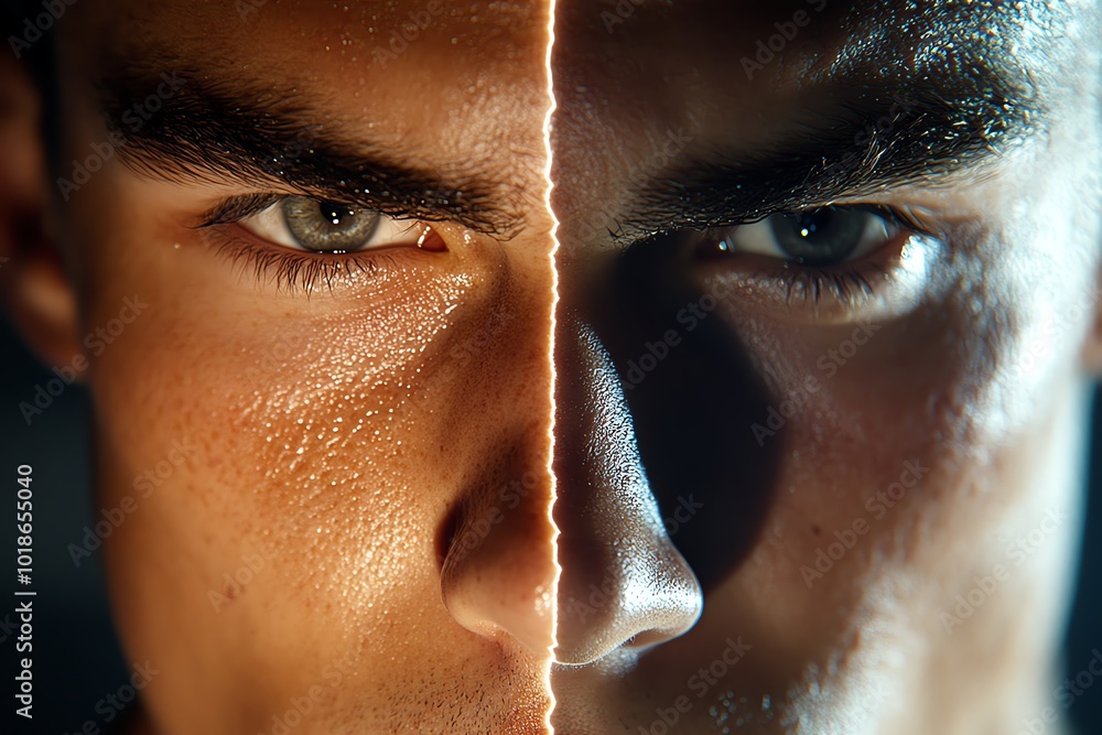 Aufkleber Hyper-realistic close-up of a face, split down the middle with one half in bright light and the other in deep shadow, symbolizing the duality of self