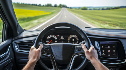 A driver's hands on the steering wheel, with a clear road ahead and lush green fields