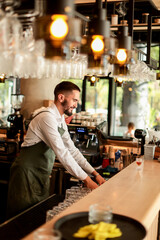 Cheerful bartender prepares cocktails in a stylish urban bar filled with natural light and modern decor during the afternoon rush