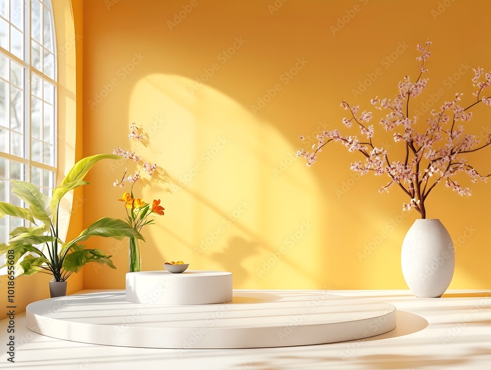 Poster Serene and elegant product studio scene featuring a minimal floor and podium design with natural window lighting creating soft shadows and a clean bright atmosphere
