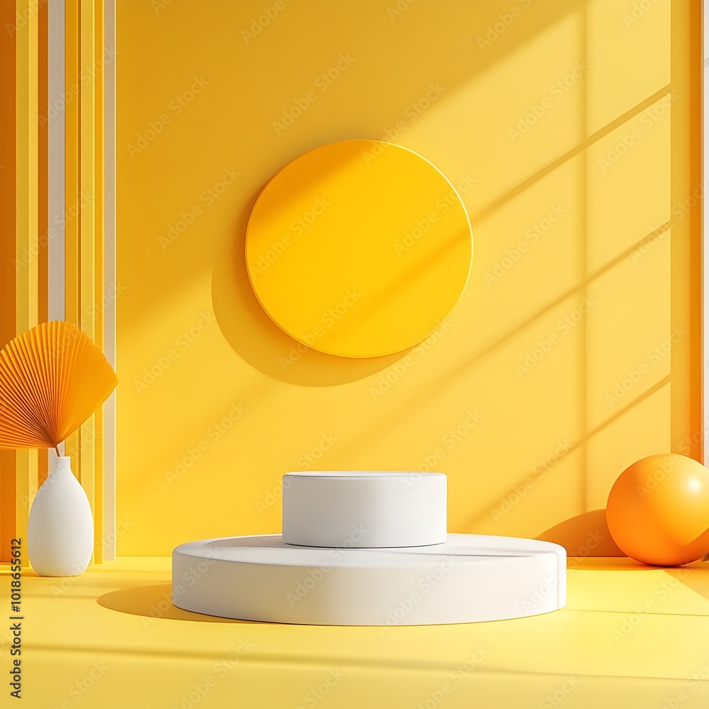 Poster sleek and sophisticated minimalist 3d studio scene featuring a soothing yellow backdrop empty floor 