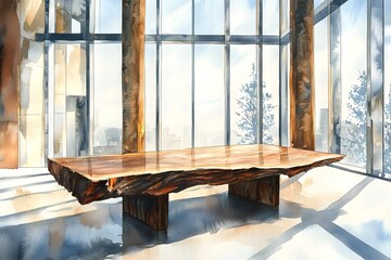 A modern interior featuring a unique wooden table set against panoramic windows, showcasing natural light and an inviting atmosphere.
