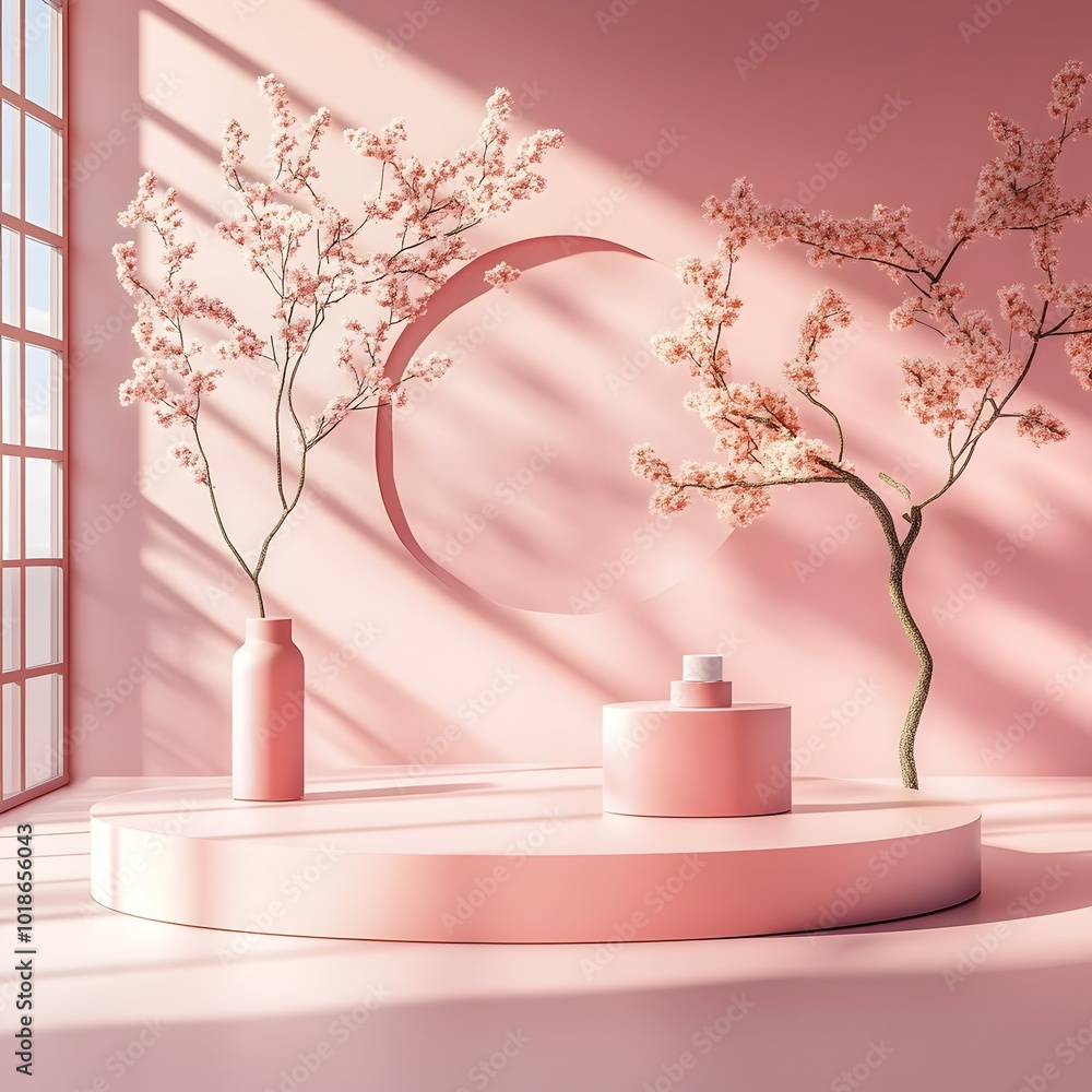 Poster Minimalist 3D interior studio with a pastel pink backdrop sparse geometric floor and walls and an elegant product display podium  Delicate shadows are cast from the window