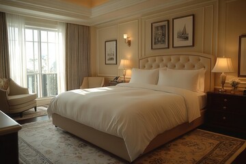 luxurious hotel suite featuring plush kingsize bed with crisp white linens and soft ambient lighting