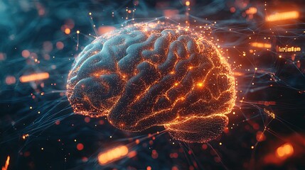 Fototapeta premium Abstract glowing digital brain with connected lines and data points