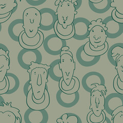 Seamless background with funny faces of anthropomorphic creatures. Humorous characters with different emotions
