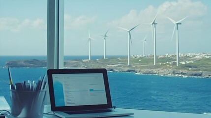 Obraz premium Laptop Screen Displaying Wind Turbine Energy Report for Sustainable Business