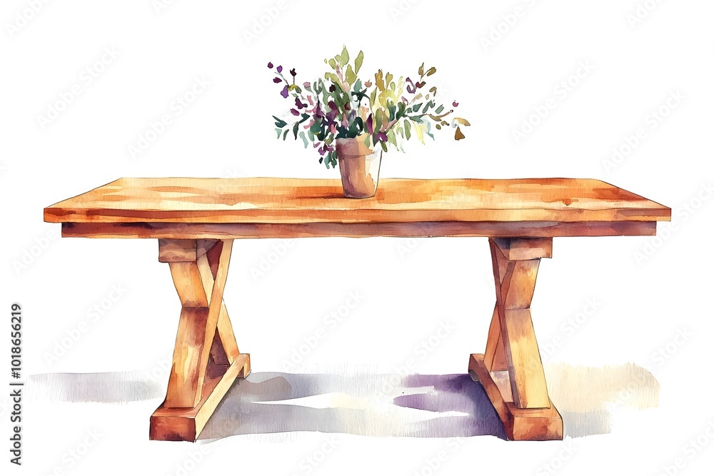 Poster a rustic wooden table adorned with a vase of flowers, creating a warm and inviting atmosphere.