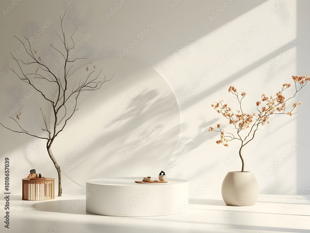 Poster minimalist 3d studio setting featuring a clean white backdrop vacant floor and plain walls a central