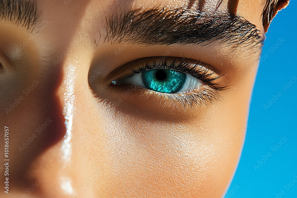 Aufkleber Hyper-realistic close-up of a face, split down the middle with one half in bright light and the other in deep shadow, symbolizing the duality of self