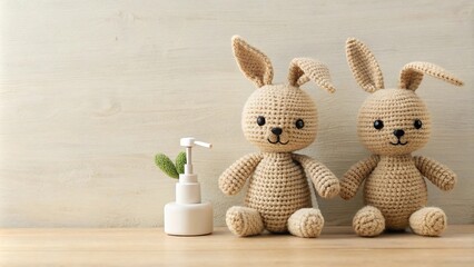 Fototapeta premium Beige Crochet Bunny Dolls With Soap Dispenser Eye Level