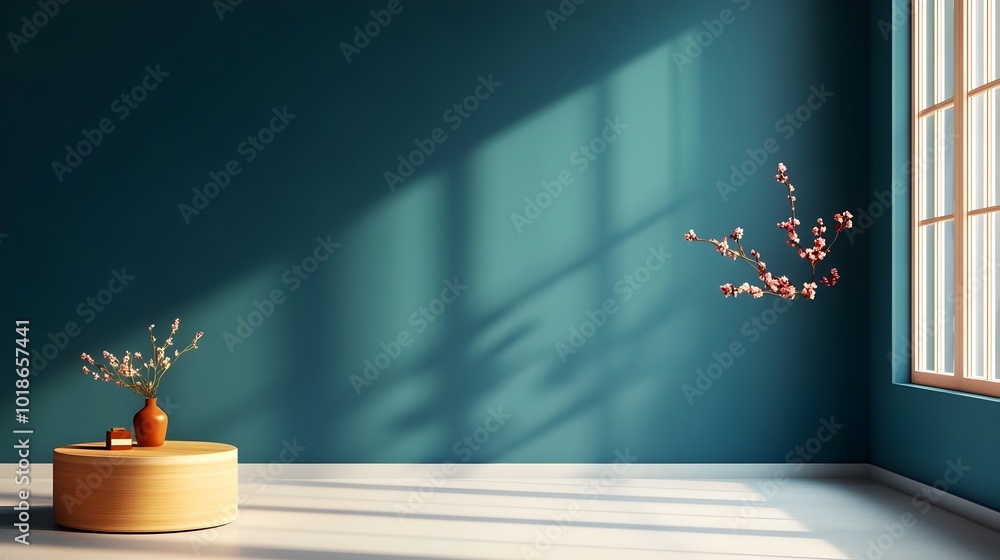 Aufkleber elegant and minimalist 3d studio room setting with a deep navy blue background an empty floor and wa