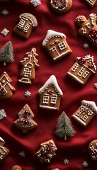Fototapeta premium Festive gingerbread cookies arranged beautifully on a red background.