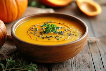 Pumpkin soup with cream, seeds, crackers and cinnamon. Autumn decor on table