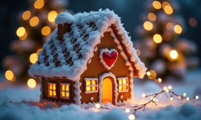 Festive Christmas gingerbread house on snowy bokeh background